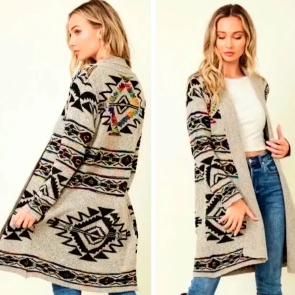Northern Angel Western Boho Longline Open Front Cardigan Sweater Womens Lg